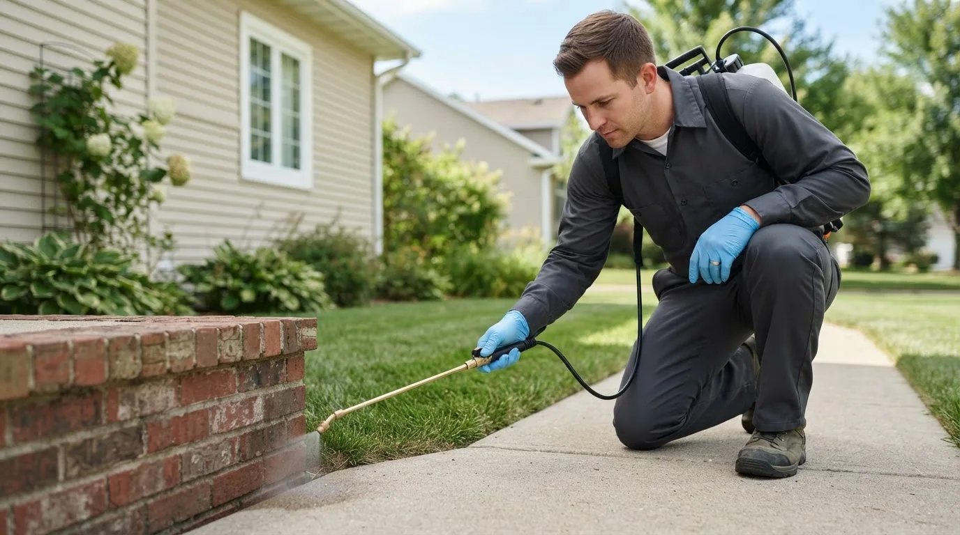 Pest control technician treating a home near Mathews, AL